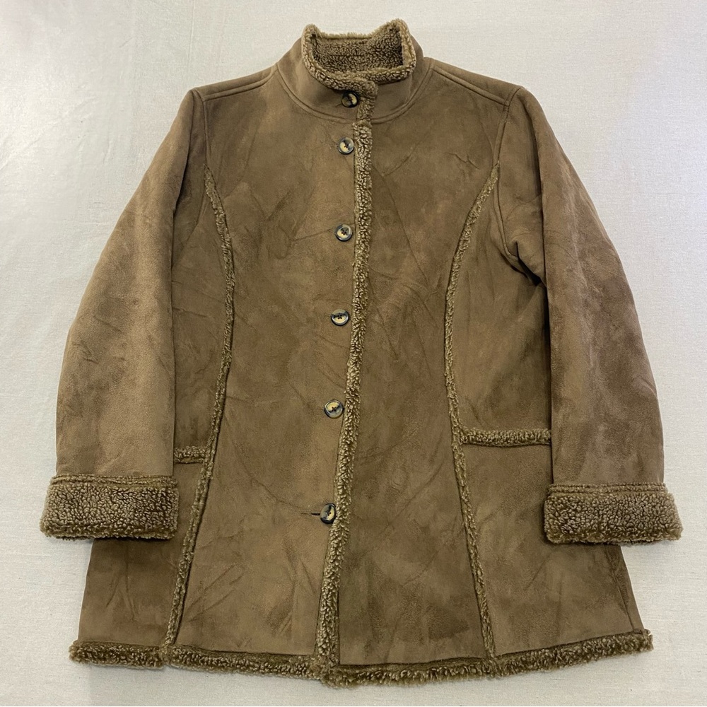Vtg LL Bean Women's Jacket Coat Chore Field Button Faux Sherpa Suede Large